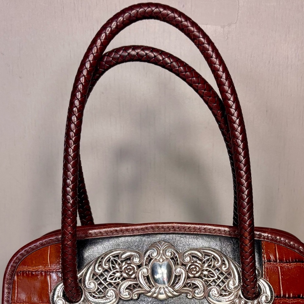 BRIGHTON Black & Brown Leather Satchel w/Silver Filigree - Picture 3 of 8